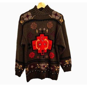 Studio Michelle Stuart Hand Knit Brown Sweater Med Wool Blend Southwestern Aztec